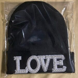 Black Beanie with Rhinestone LOVE Detail